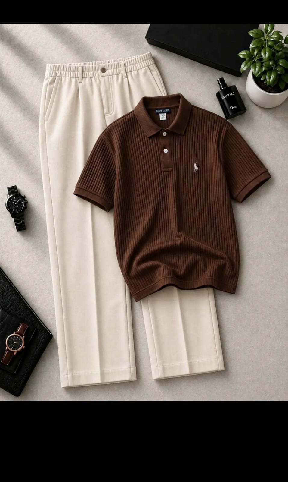 Men’s Premium Brown Polo T-Shirt & Beige Trouser Combo Set