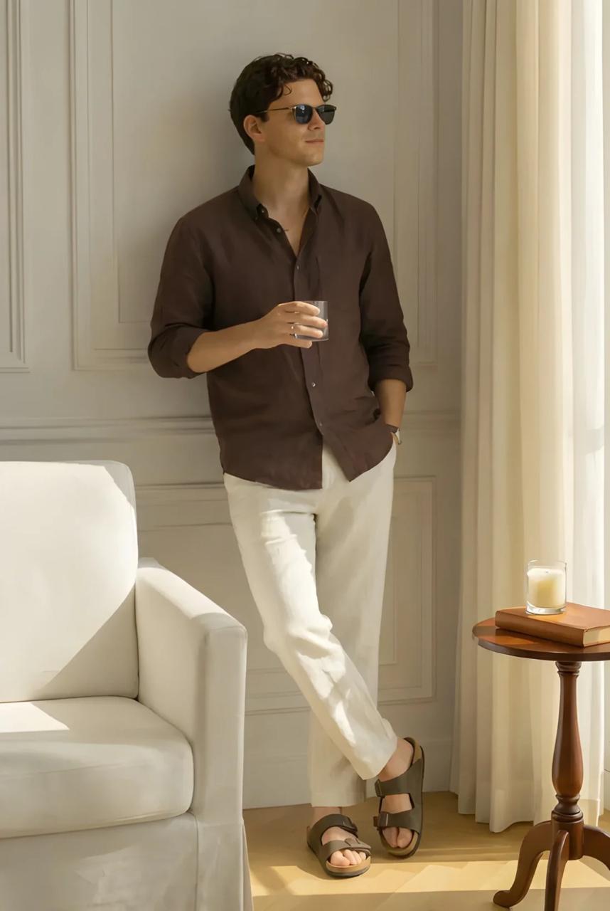 Men's Classic Old Money Linen Combo - Premium Dark Brown Full Sleeve Shirt & Off-White Tailored Trousers 2-Piece Set