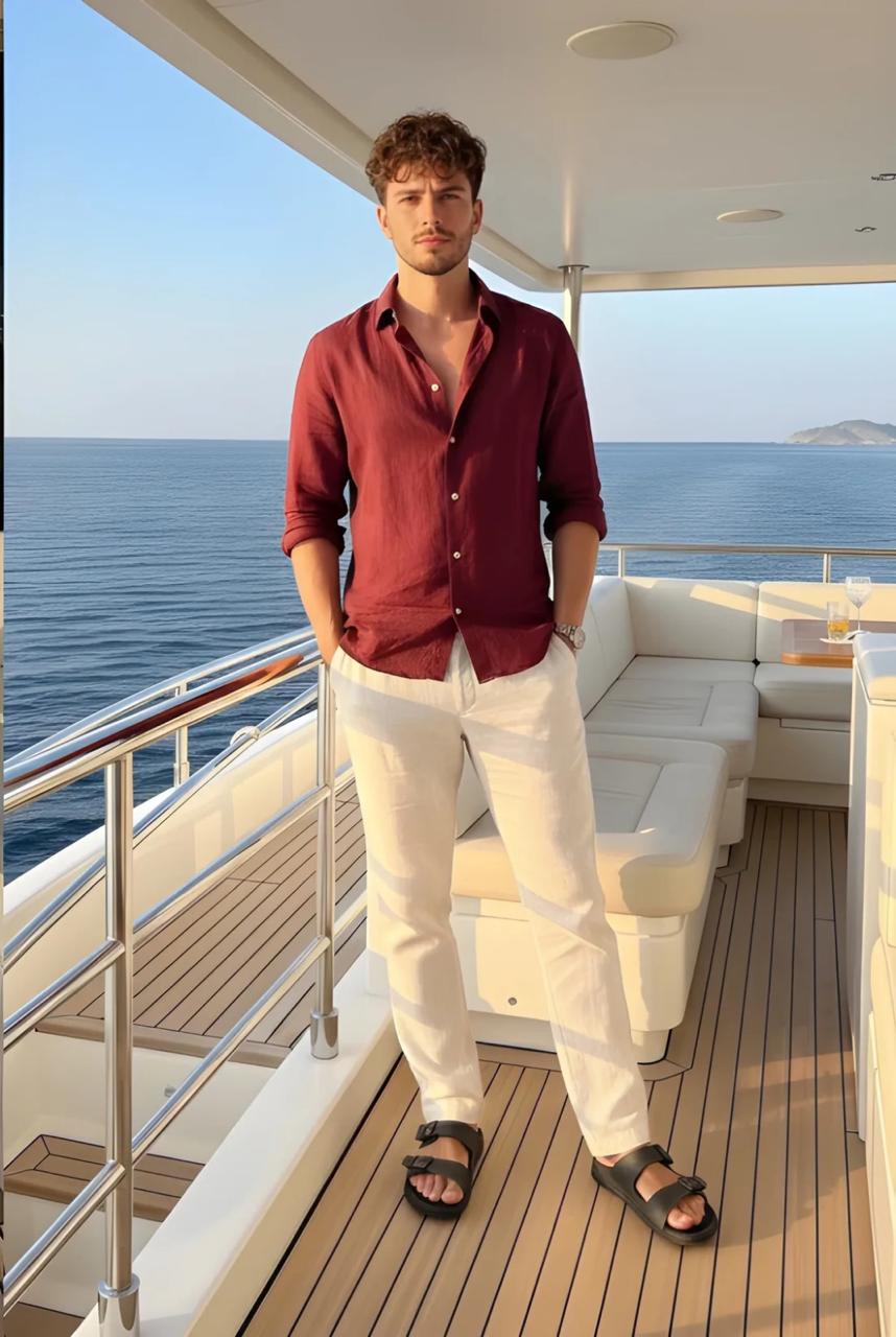 Men's Classic Old Money Linen Combo - Premium Maroon/Wine Red Full Sleeve Shirt & White Tailored Trousers 2-Piece Set