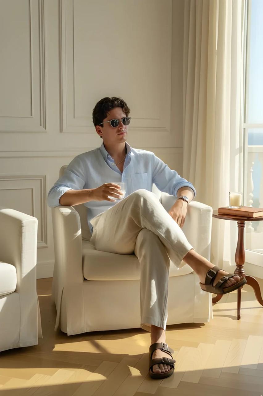 Men's Classic Old Money Linen Combo - Premium Sky Blue Full Sleeve Shirt & Beige Tailored Trousers 2-Piece Set