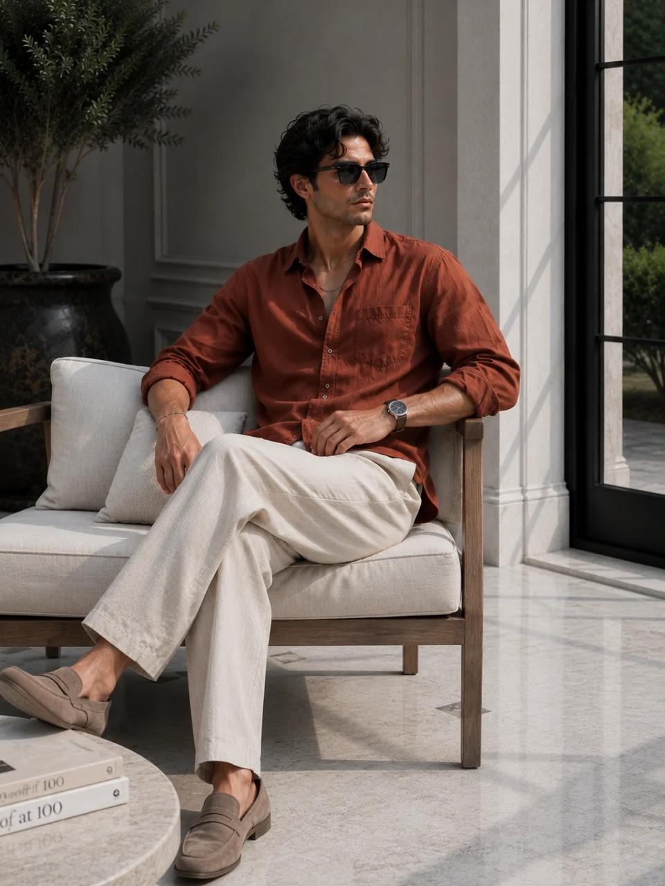 Men's Classic Old Money Linen Combo - Premium Rust Orange Full Sleeve Shirt & Beige Tailored Trousers 2-Piece Set
