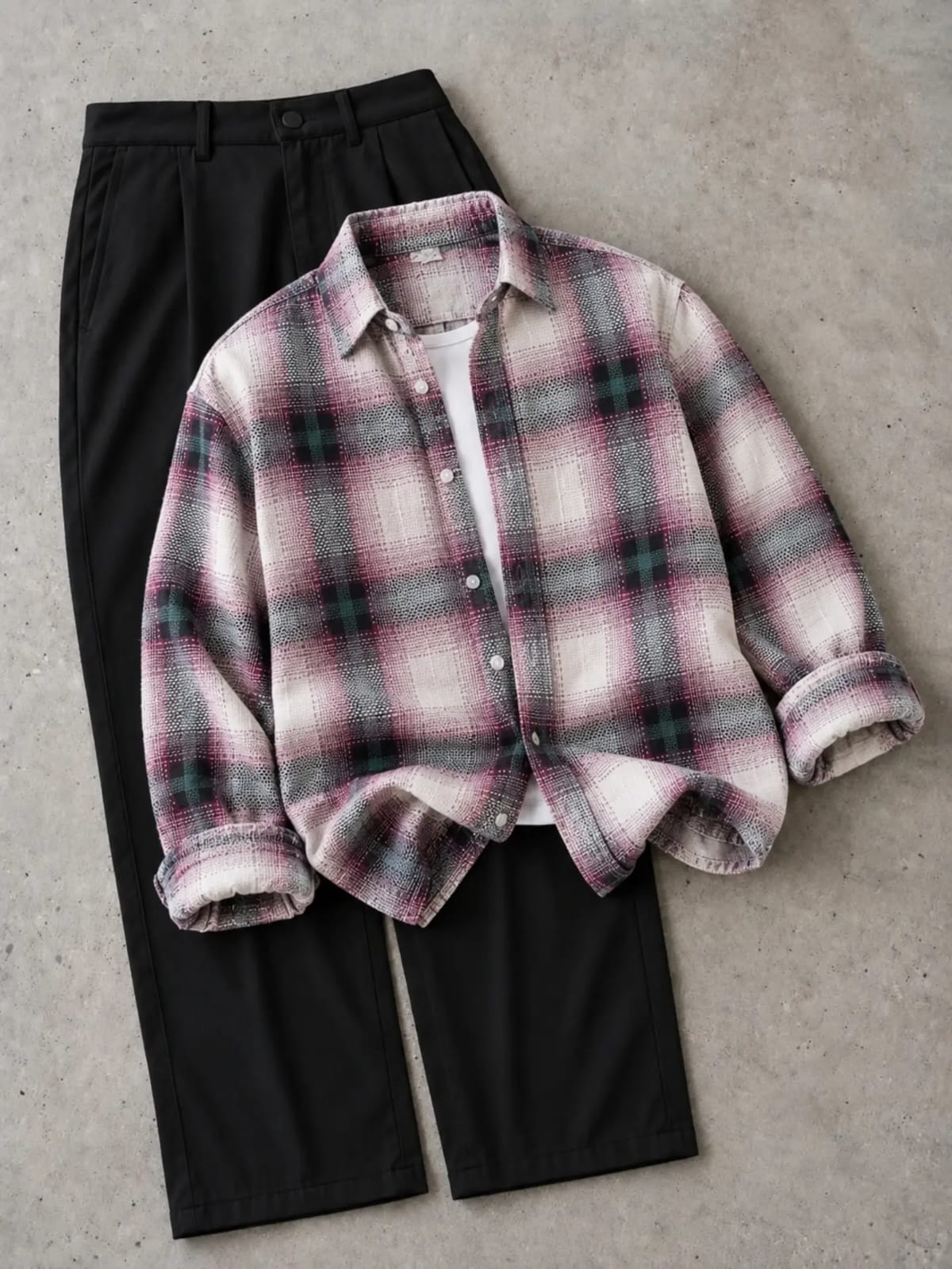 Men's Modern Streetwear Layering Ensemble - Textured Plaid Long Sleeve Shirt & Black Tailored Pants Combo