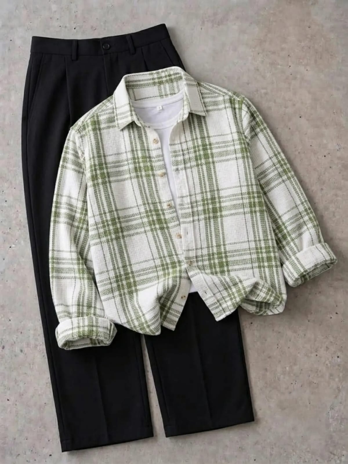 Men's Urban Casual Outfit Combo - Sage Green Plaid Checked Overshirt with White Inner T-Shirt & Black Pleated Trousers 3-Piece Set