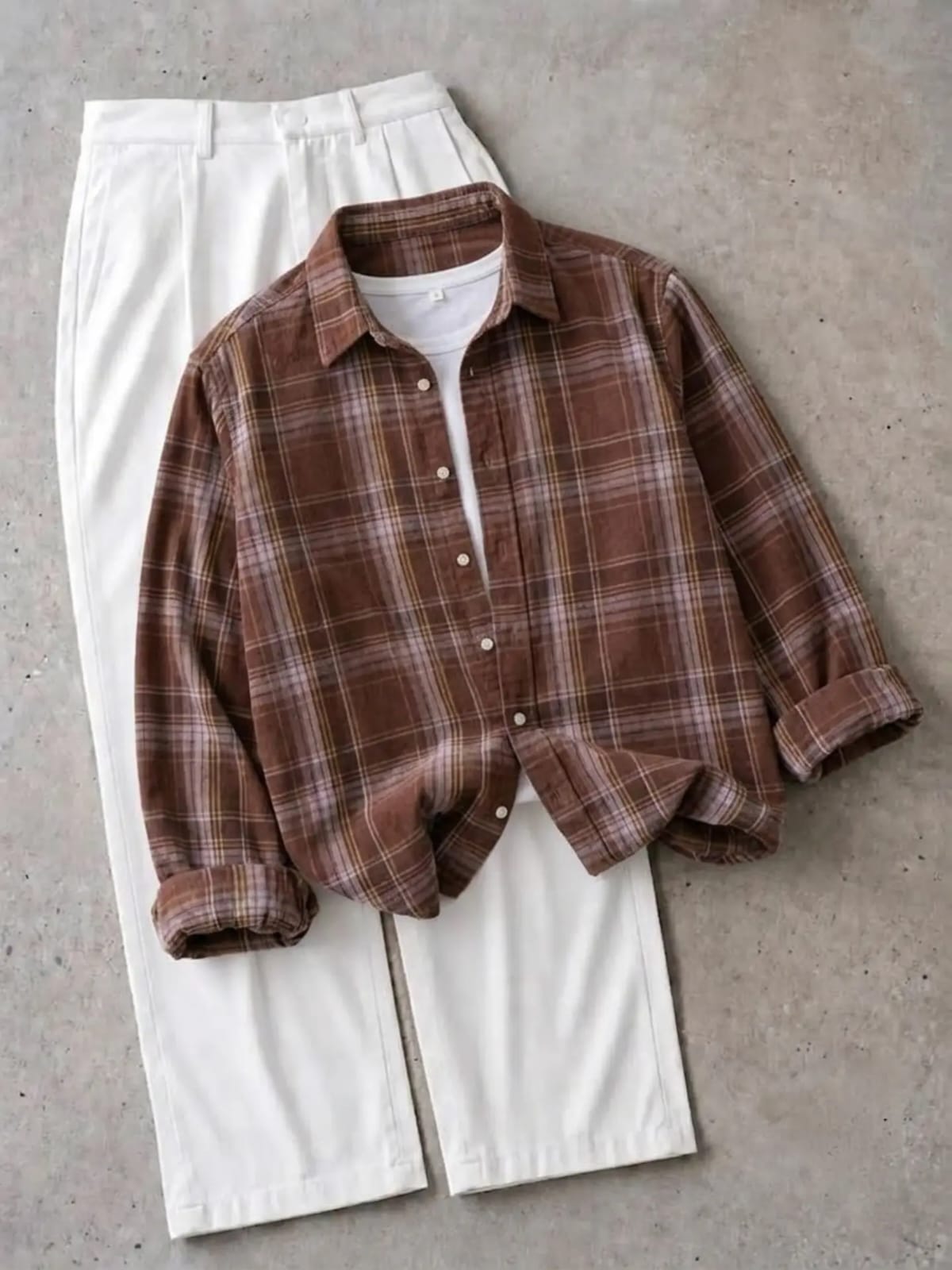 Men's Modern Earthy Streetwear Ensemble - Brown Plaid Flannel Long Sleeve Shirt & White Tailored Pants Combo