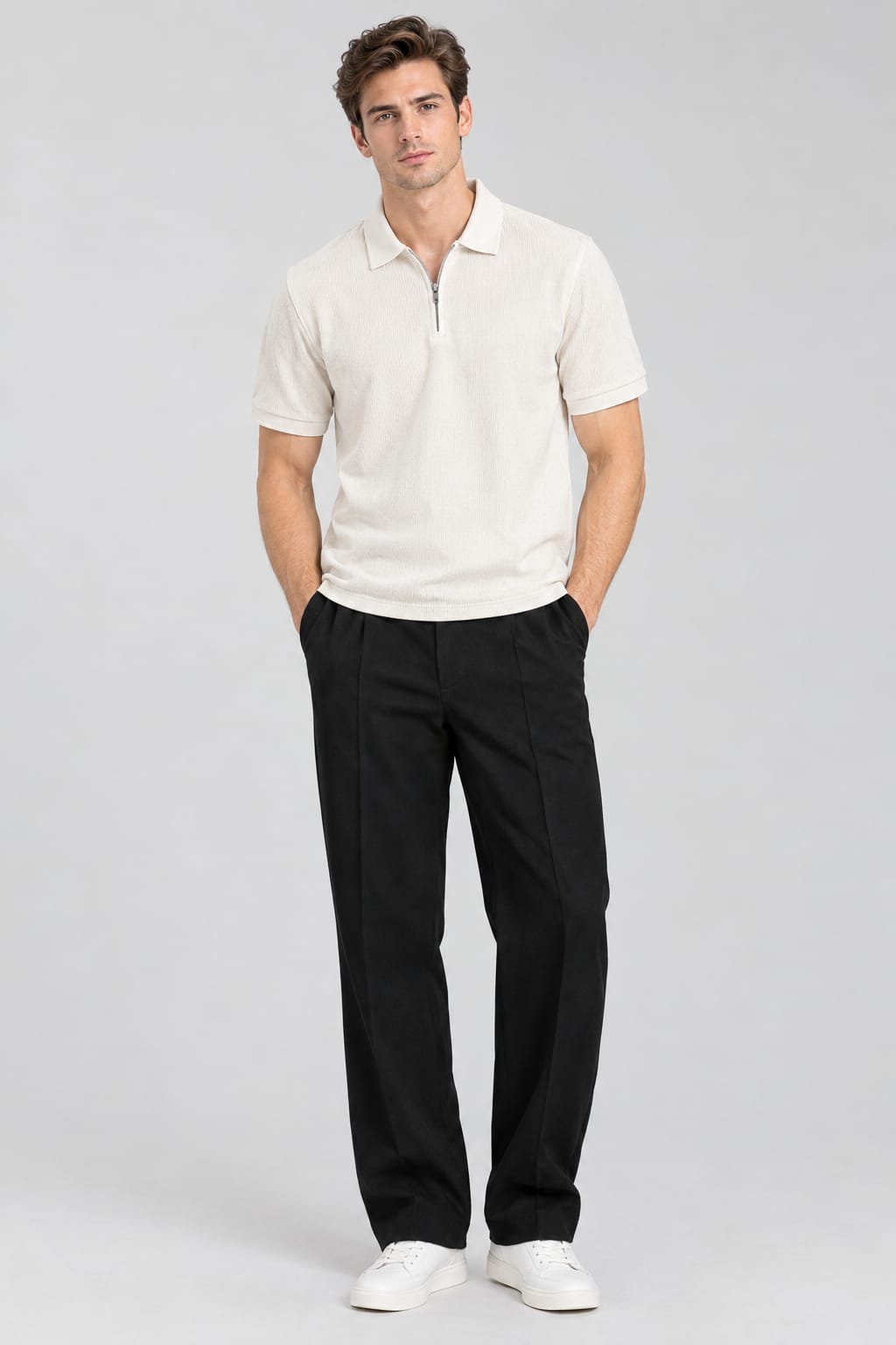 Men’s Premium Textured Polo T-Shirt | Half Sleeve Collar T-Shirt | Solid Cream & Black Colour | Stylish Casual Wear