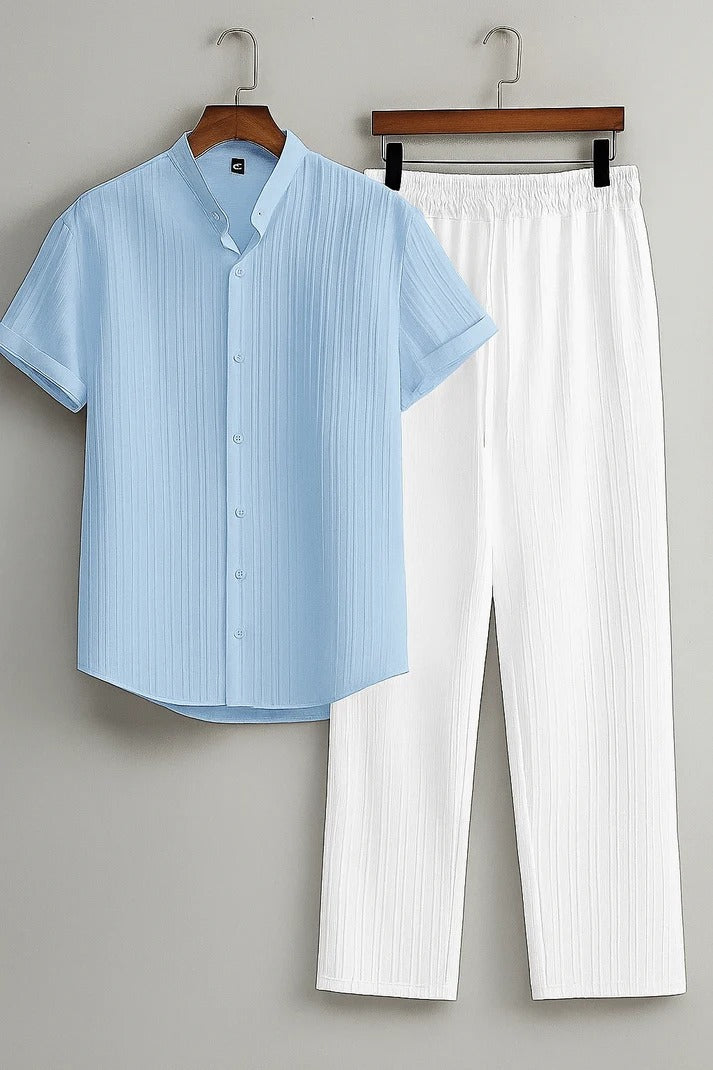 Menβs Casual Shirt & Pant Combo | Light Blue Shirt & White Pant | Stylish Summer Wear Set | Full Outfit Combo