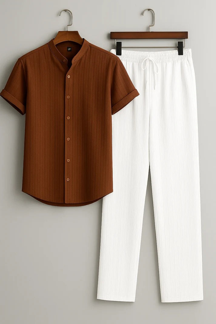 Menβs Shirt & Pant Combo | Rust Brown Textured Shirt & White Pant | Stylish Casual Outfit Set | Summer Wear