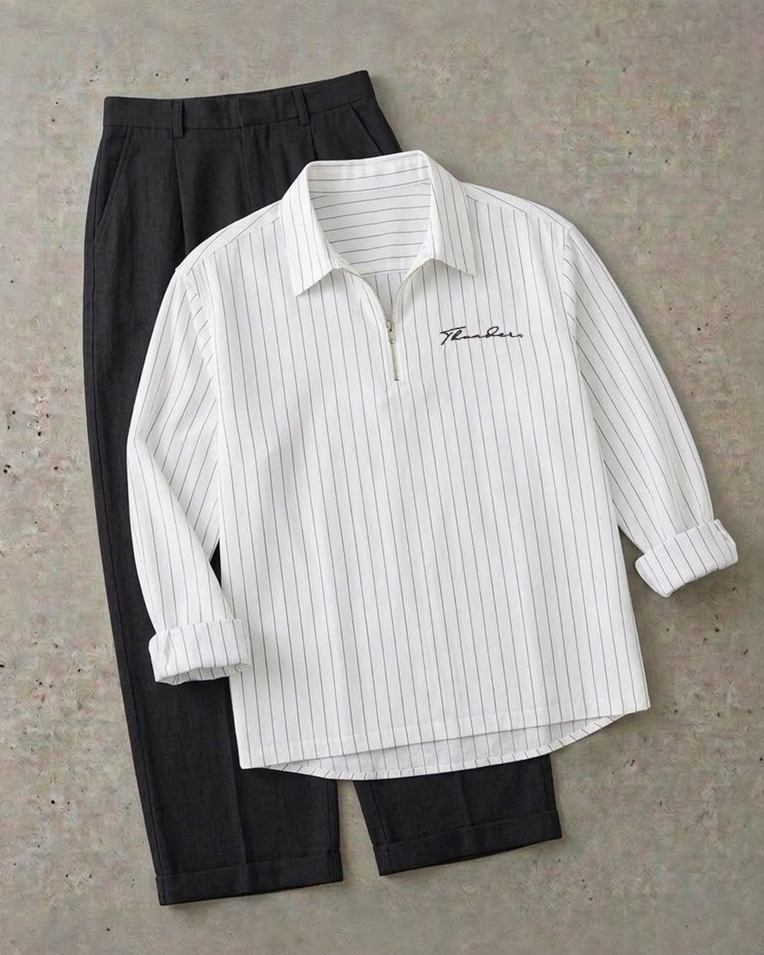 Menβs Stylish Casual Shirt | White & Black Stripe Pattern | Full Sleeve Zip Collar Shirt | Trendy Daily Wear