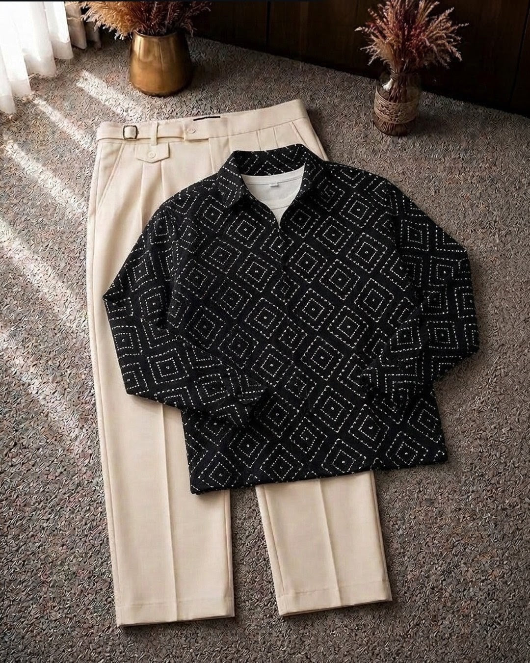Menβs Premium Geometric Pattern Shirt & Cream Trousers Combo β Black & Ivory
