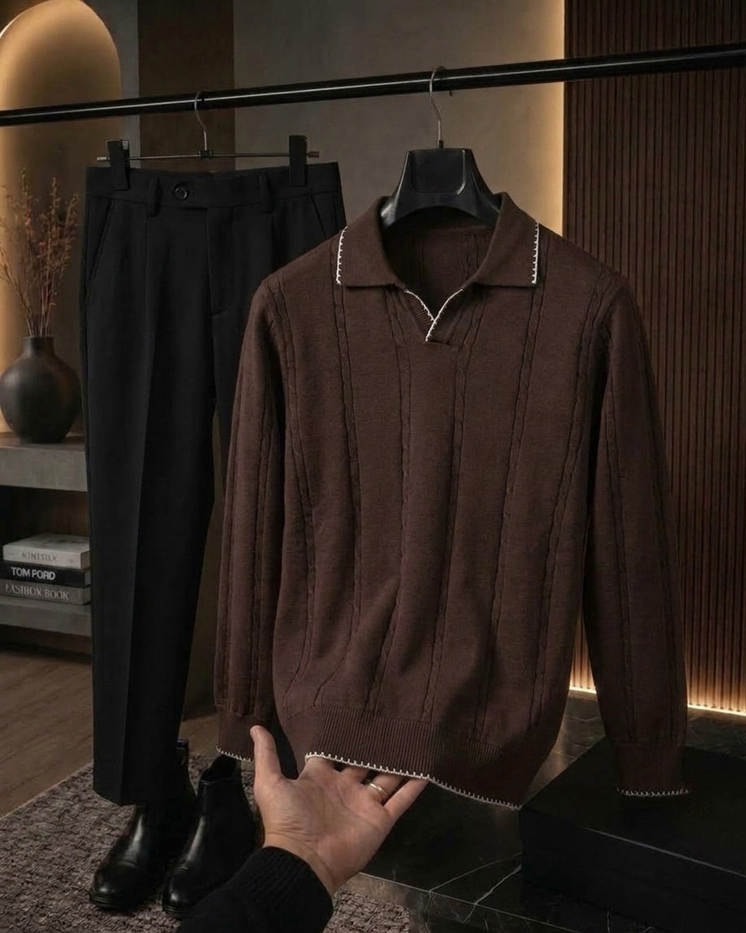 Menβs Premium Textured Polo Shirt & Classic Trousers Combo β Brown & Black