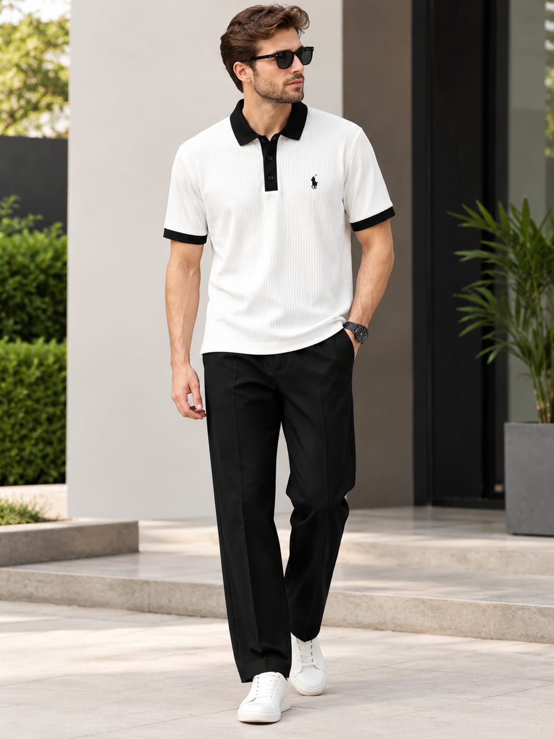 Men’s Premium White Polo T-Shirt with Black Contrast Collar & Cuffs