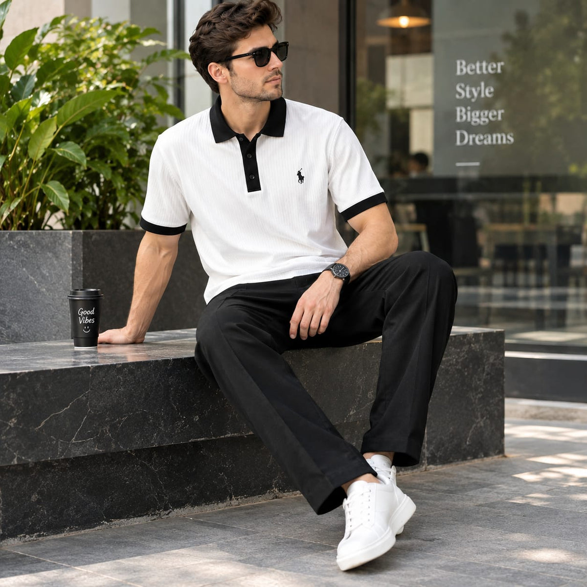 Men’s Premium White Polo T-Shirt with Black Contrast Collar & Cuffs