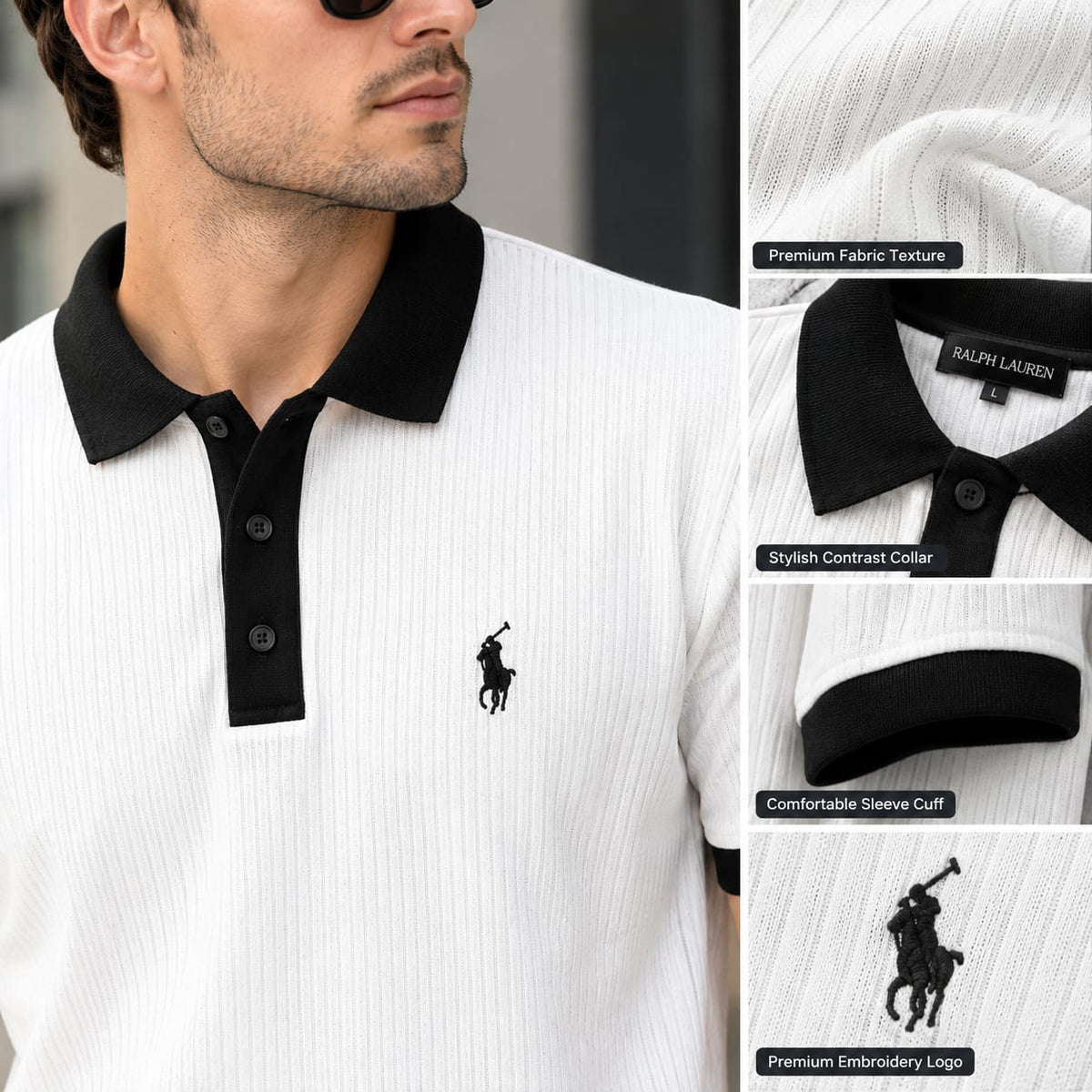 Men’s Premium White Polo T-Shirt with Black Contrast Collar & Cuffs