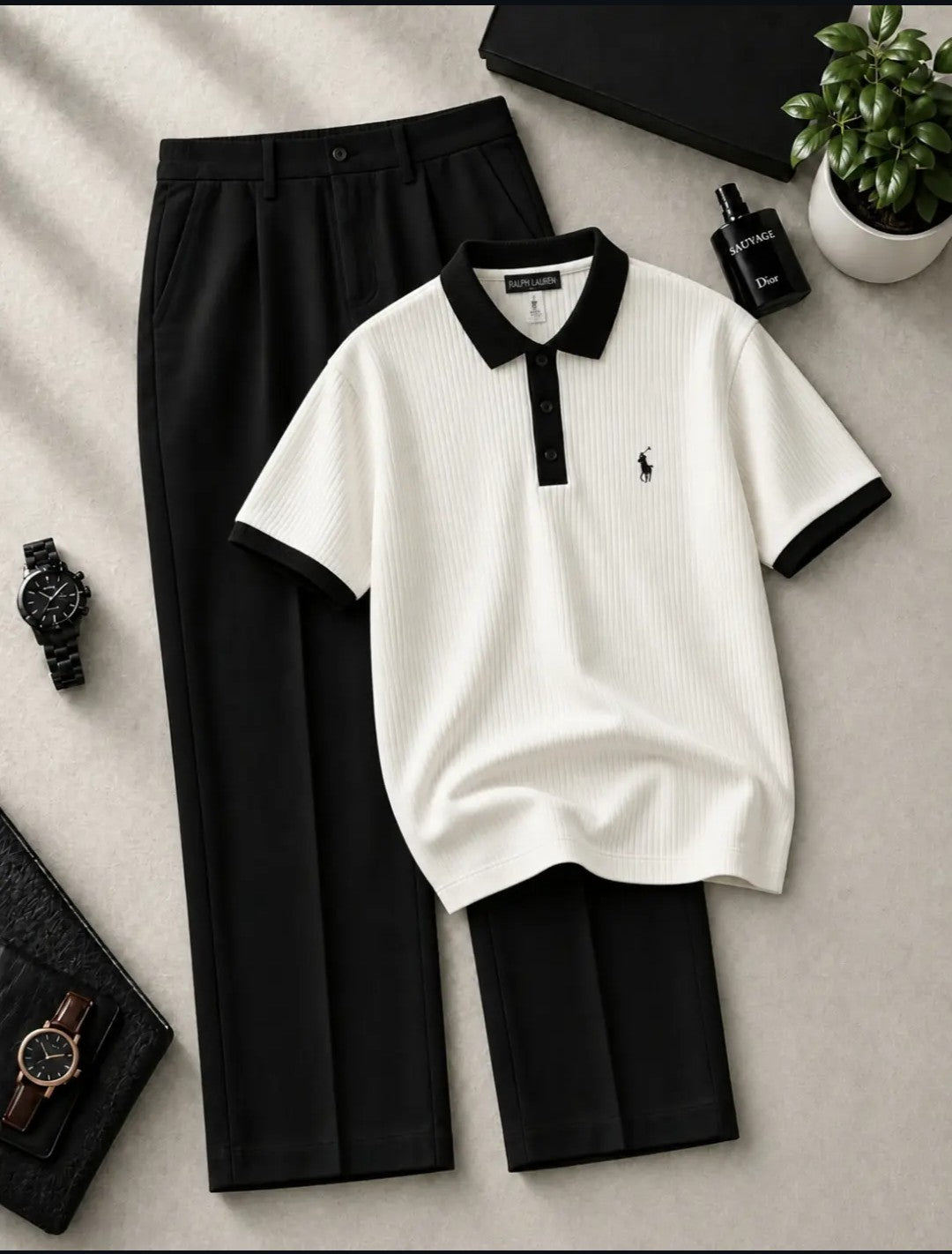 Men’s Premium White Polo T-Shirt with Black Contrast Collar & Cuffs