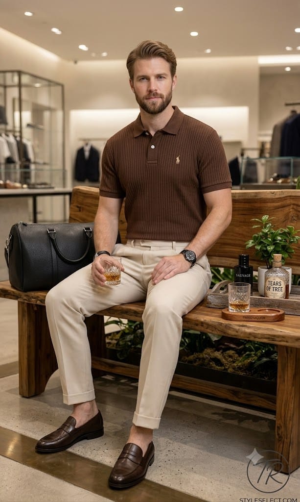 Men’s Premium Brown Polo T-Shirt & Beige Trouser Combo Set