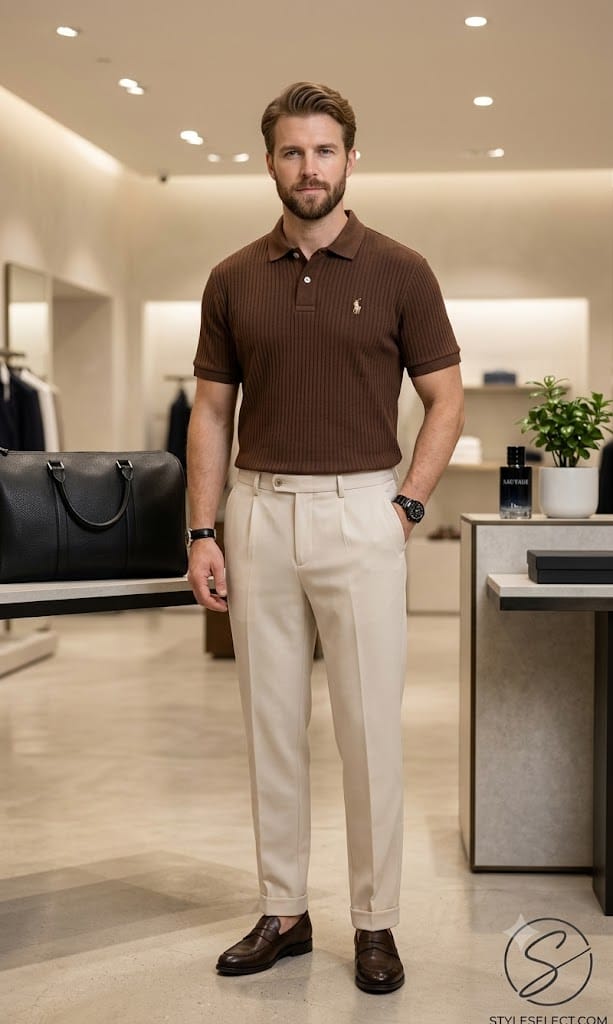 Men’s Premium Brown Polo T-Shirt & Beige Trouser Combo Set