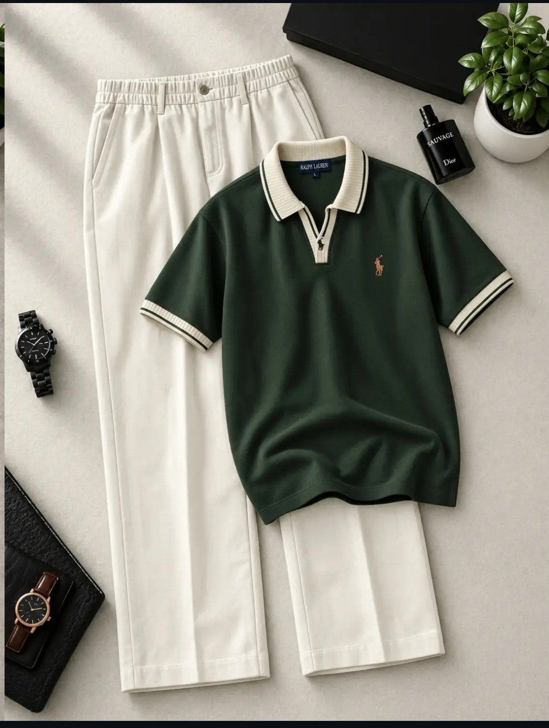 Men’s Premium Green Polo T-Shirt & Cream Trousers Combo Set
