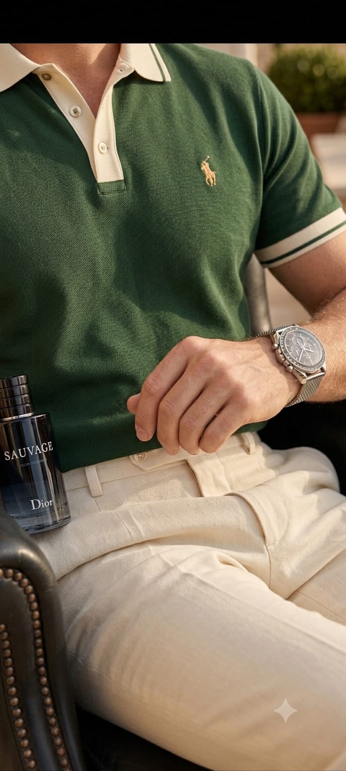 Men’s Premium Green Polo T-Shirt & Cream Trousers Combo Set