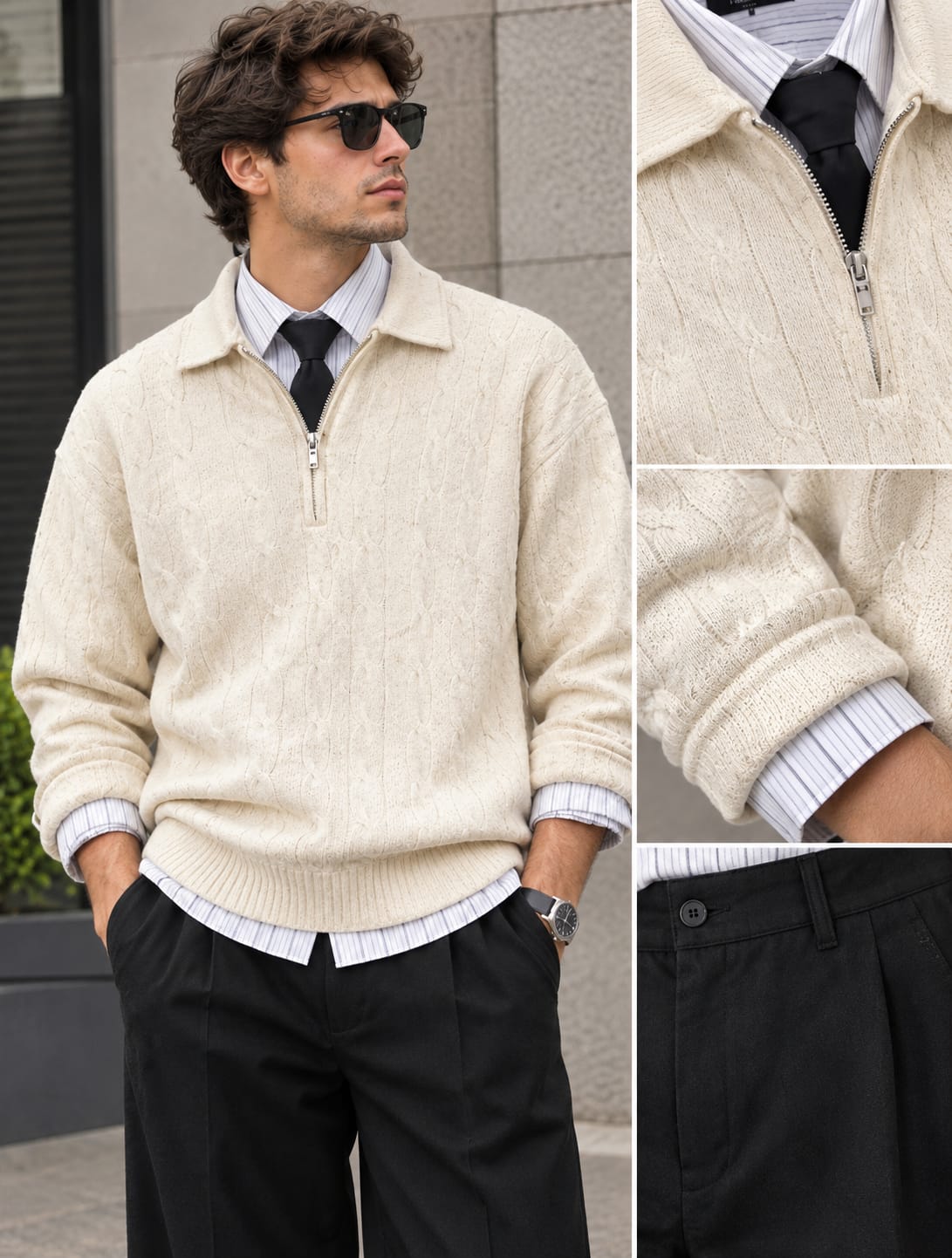 Men’s Premium Cable Knit Sweater & Black Trouser Combo | Stylish Full Sleeve Winter Wear Set