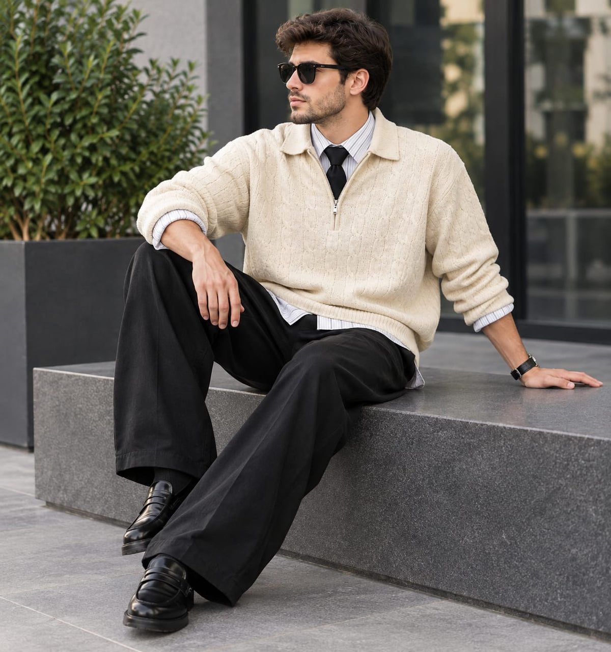 Men’s Premium Cable Knit Sweater & Black Trouser Combo | Stylish Full Sleeve Winter Wear Set