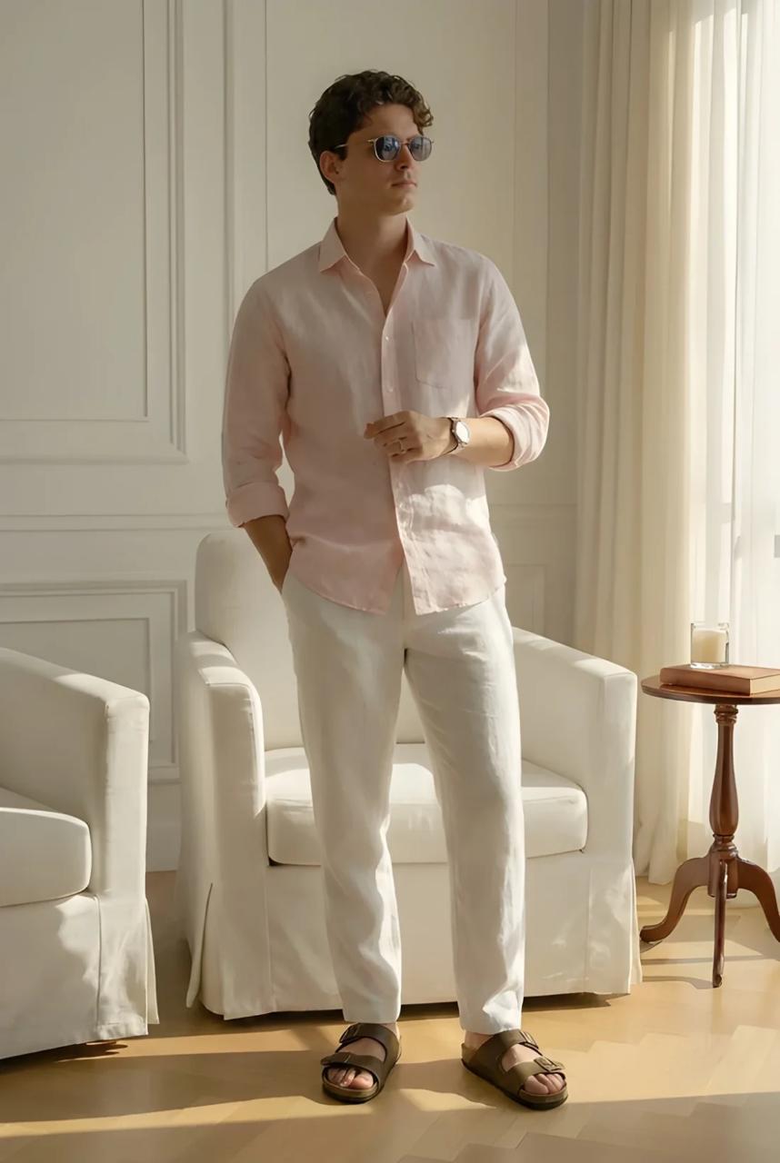 Men's Classic Old Money Linen Combo - Premium Light Pink Full Sleeve Shirt & White Tailored Trousers 2-Piece Set
