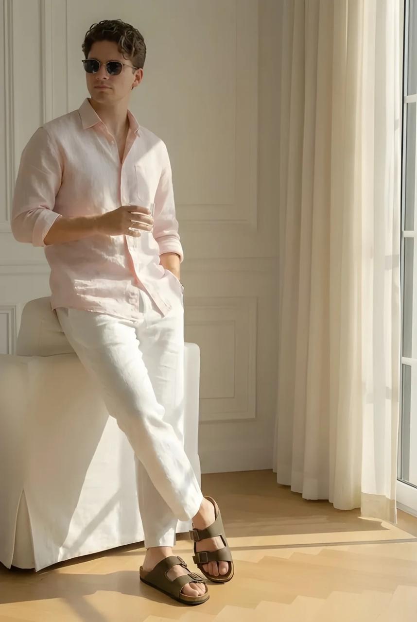 Men's Classic Old Money Linen Combo - Premium Light Pink Full Sleeve Shirt & White Tailored Trousers 2-Piece Set