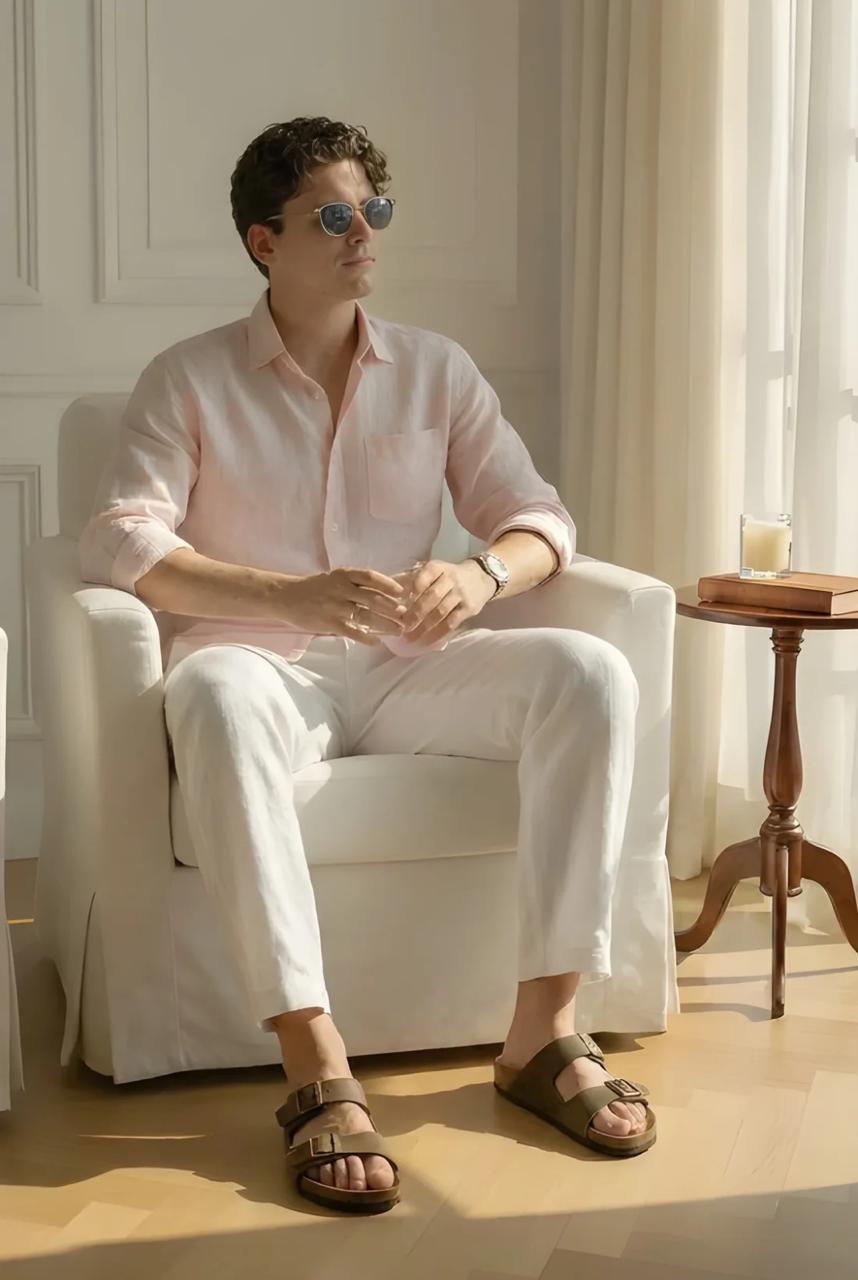 Men's Classic Old Money Linen Combo - Premium Light Pink Full Sleeve Shirt & White Tailored Trousers 2-Piece Set