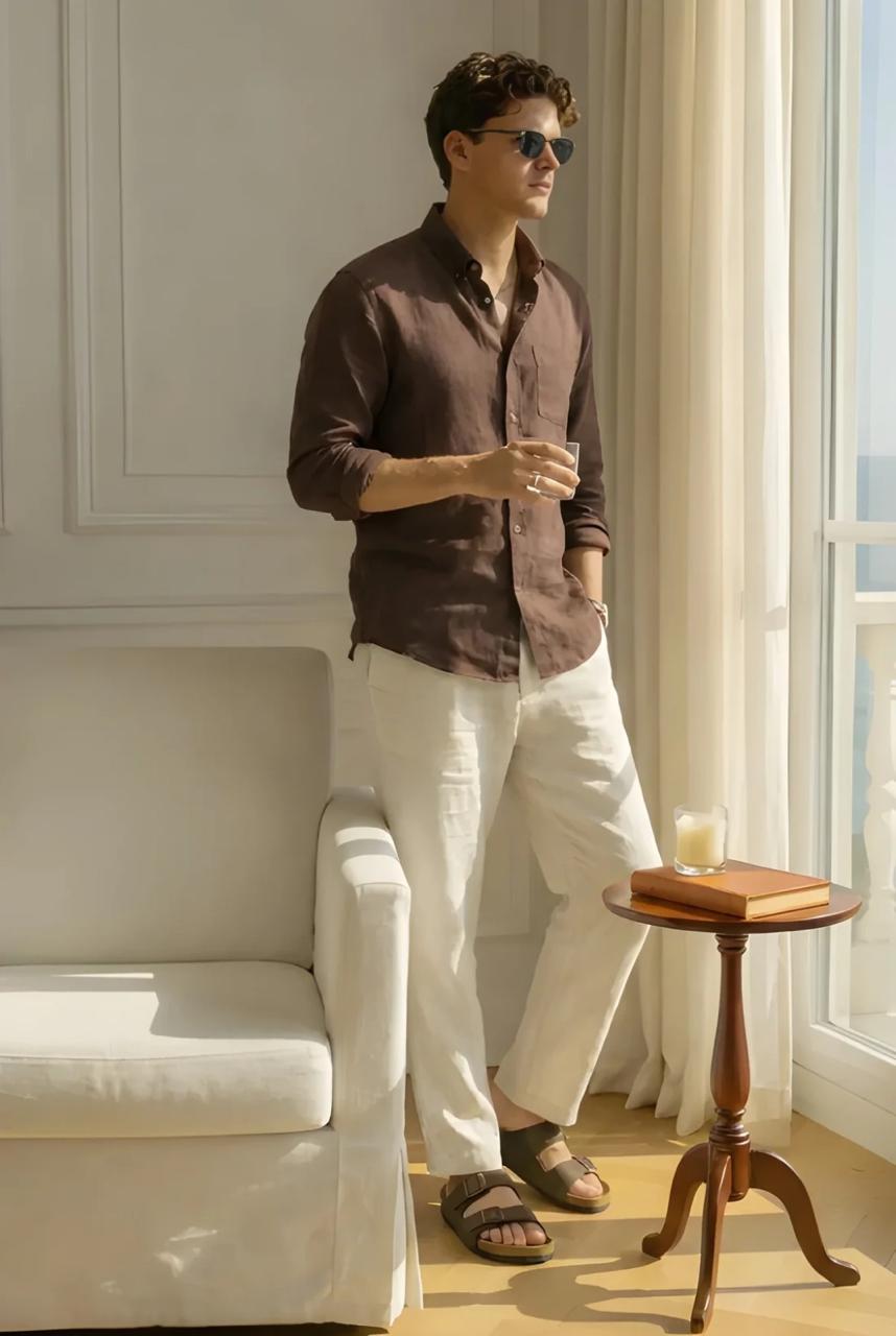 Men's Classic Old Money Linen Combo - Premium Dark Brown Full Sleeve Shirt & Off-White Tailored Trousers 2-Piece Set