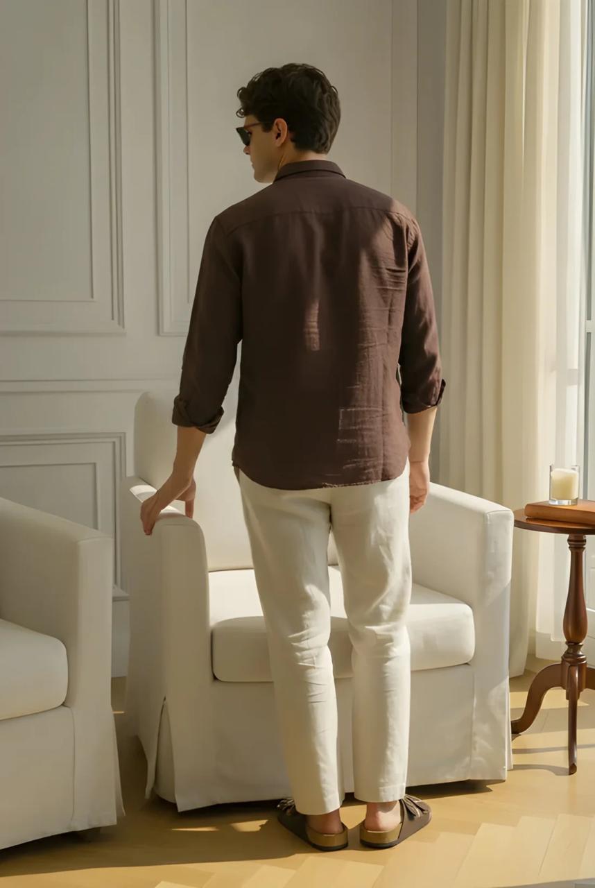 Men's Classic Old Money Linen Combo - Premium Dark Brown Full Sleeve Shirt & Off-White Tailored Trousers 2-Piece Set