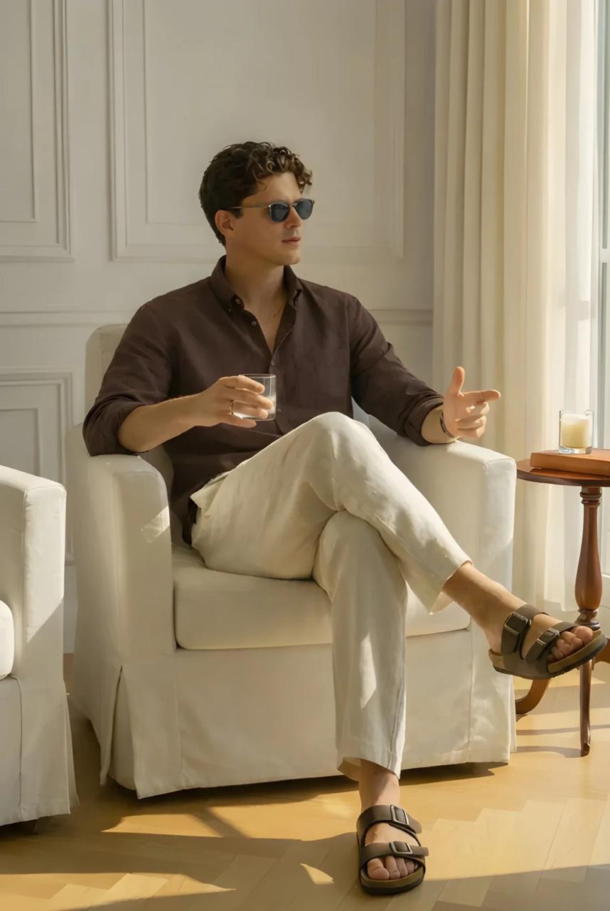 Men's Classic Old Money Linen Combo - Premium Dark Brown Full Sleeve Shirt & Off-White Tailored Trousers 2-Piece Set