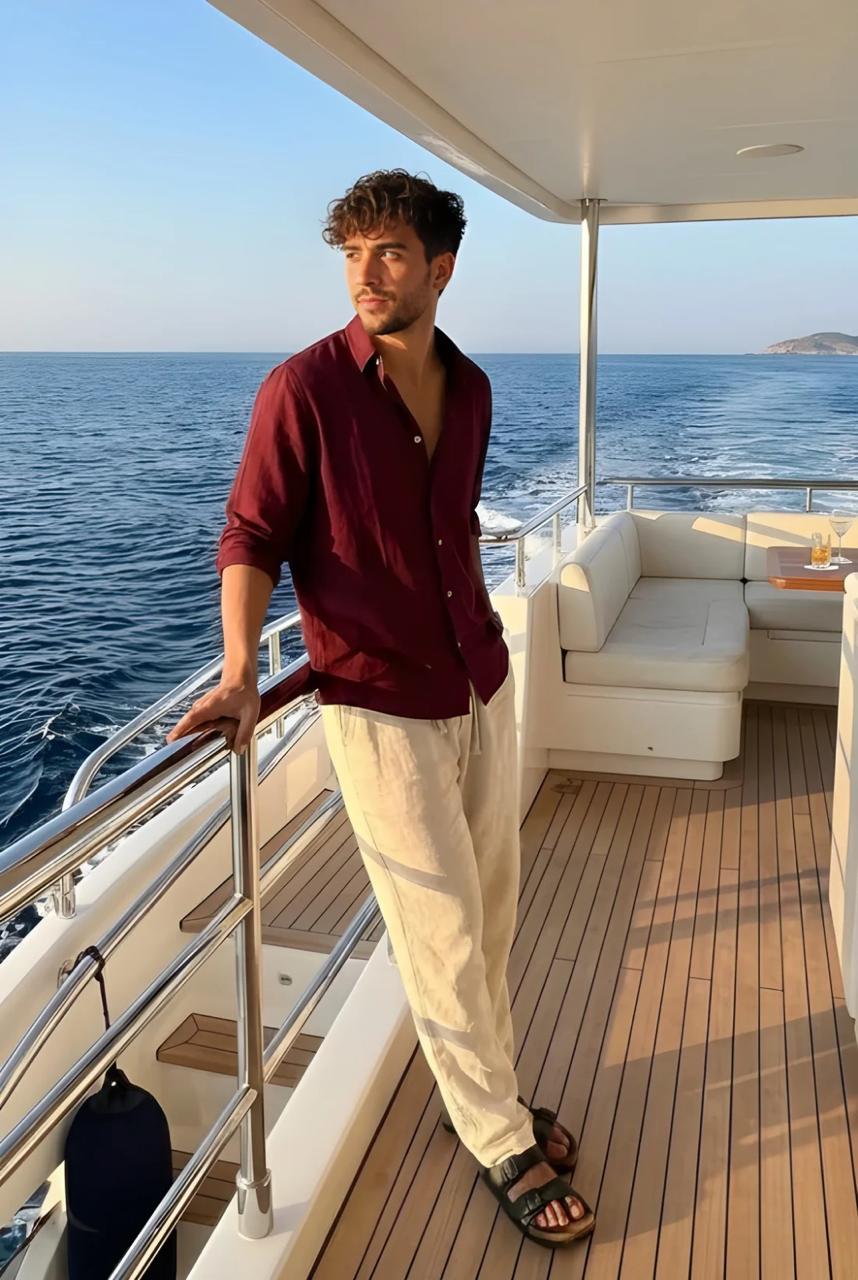 Men's Classic Old Money Linen Combo - Premium Maroon/Wine Red Full Sleeve Shirt & White Tailored Trousers 2-Piece Set