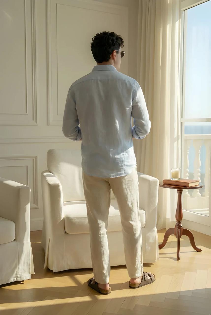 Men's Classic Old Money Linen Combo - Premium Sky Blue Full Sleeve Shirt & Beige Tailored Trousers 2-Piece Set