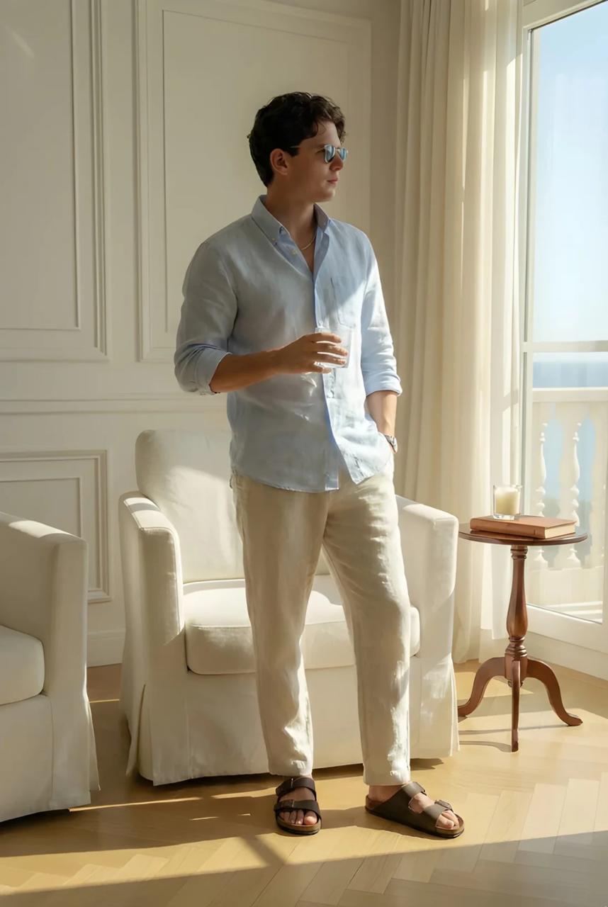 Men's Classic Old Money Linen Combo - Premium Sky Blue Full Sleeve Shirt & Beige Tailored Trousers 2-Piece Set
