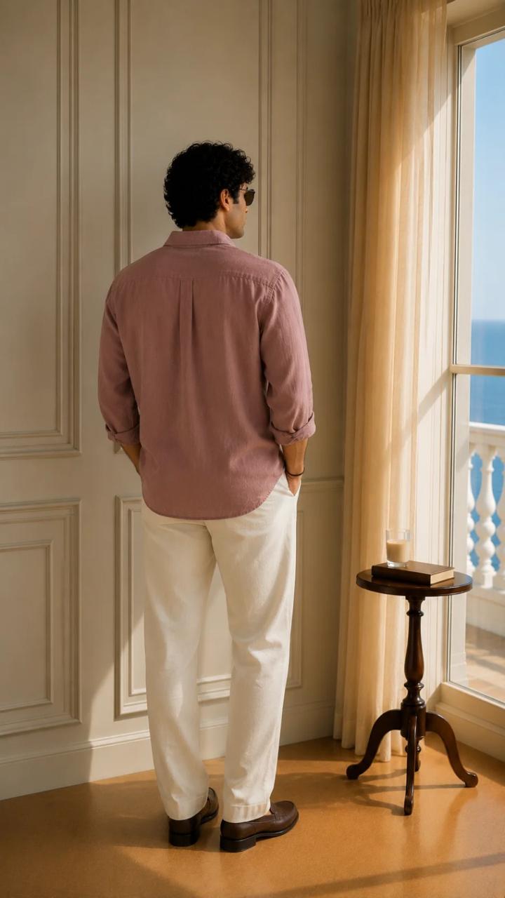Men's Classic Old Money Linen Combo - Premium Dusty Rose Full Sleeve Shirt & Off-White Tailored Trousers 2-Piece Set