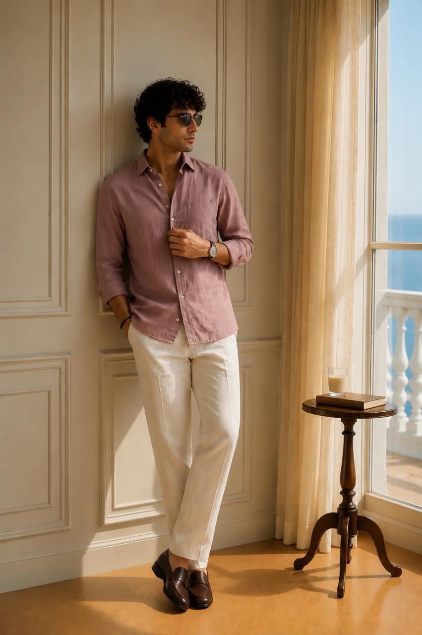 Men's Classic Old Money Linen Combo - Premium Dusty Rose Full Sleeve Shirt & Off-White Tailored Trousers 2-Piece Set