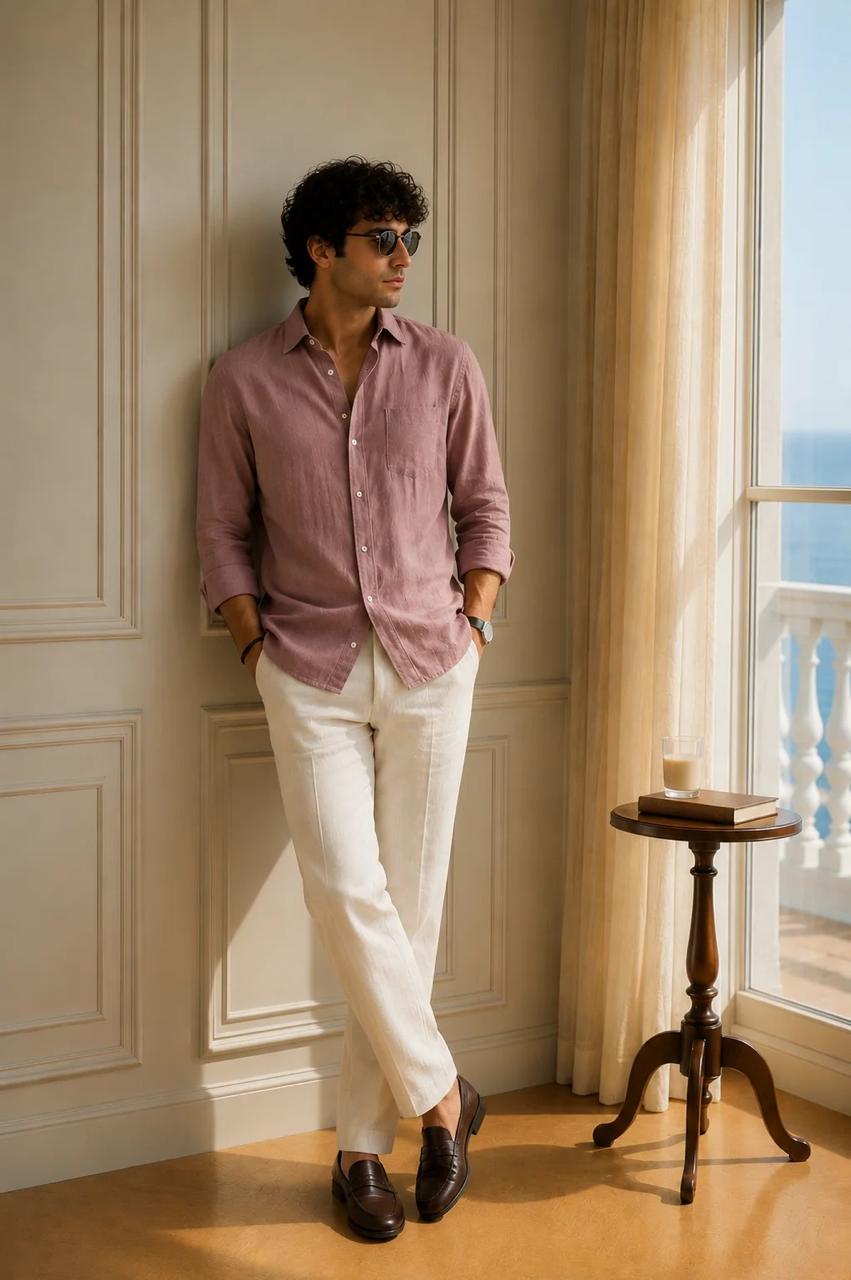 Men's Classic Old Money Linen Combo - Premium Dusty Rose Full Sleeve Shirt & Off-White Tailored Trousers 2-Piece Set
