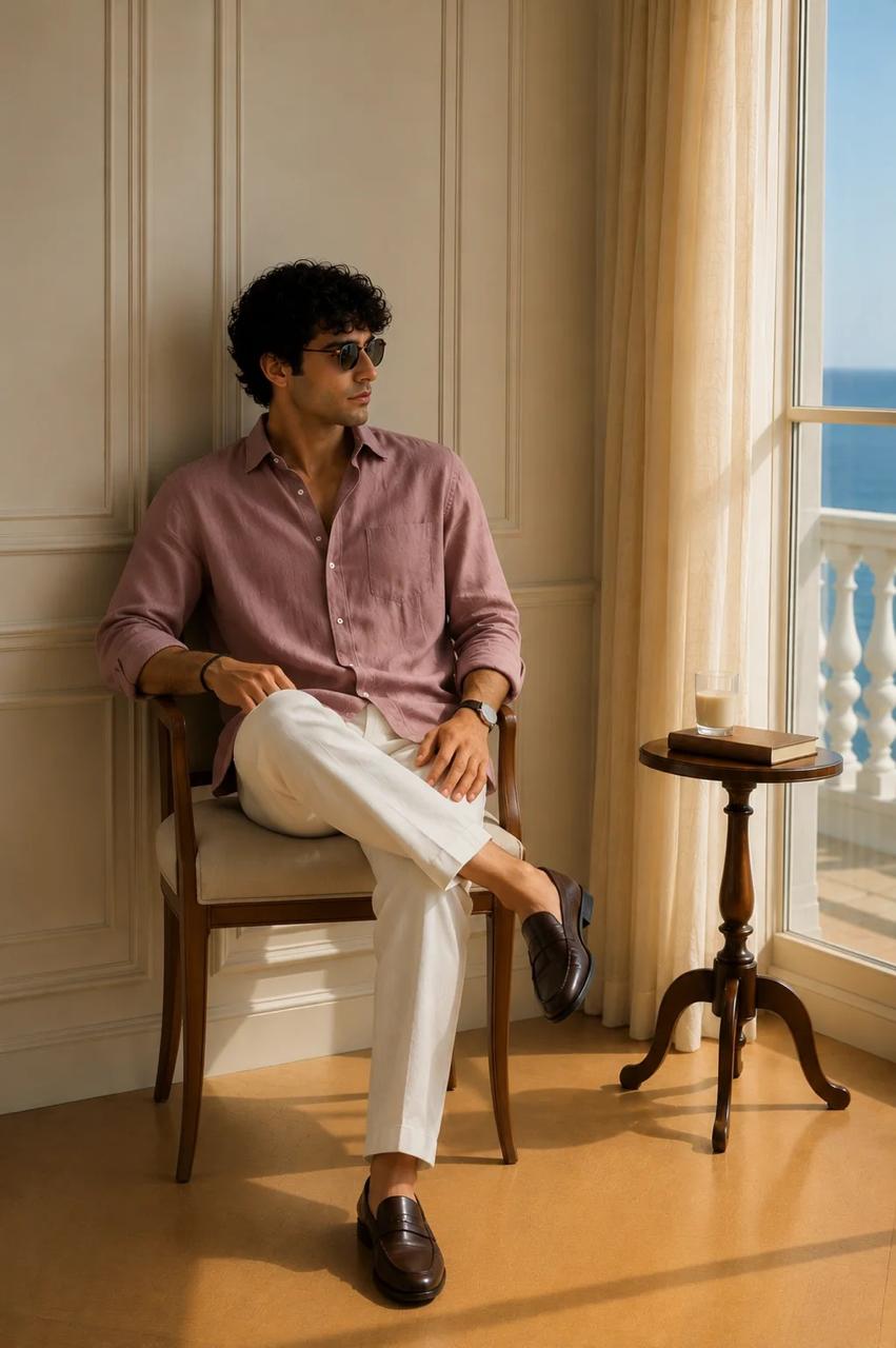 Men's Classic Old Money Linen Combo - Premium Dusty Rose Full Sleeve Shirt & Off-White Tailored Trousers 2-Piece Set