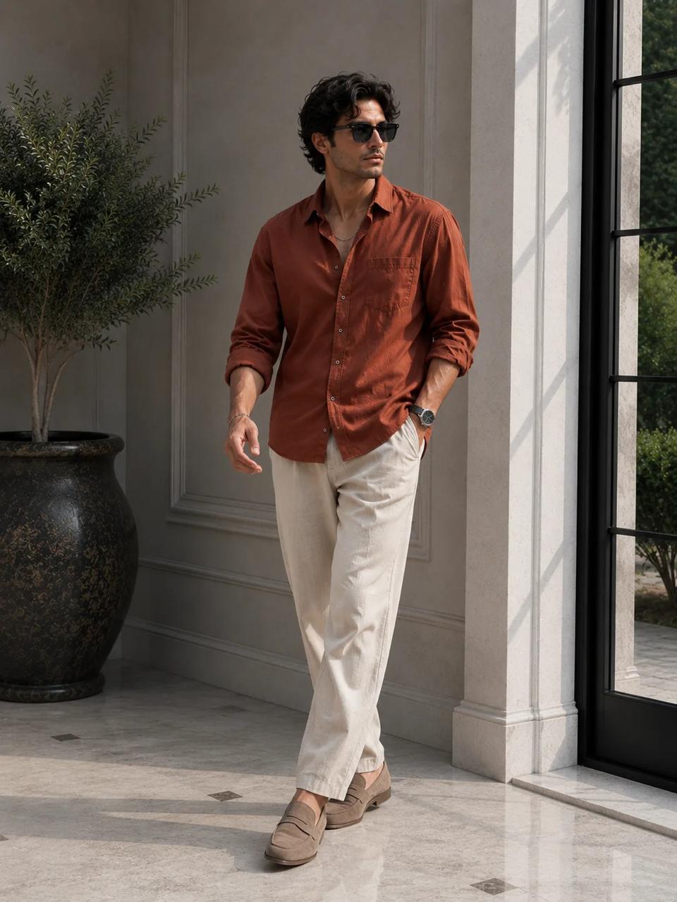 Men's Classic Old Money Linen Combo - Premium Rust Orange Full Sleeve Shirt & Beige Tailored Trousers 2-Piece Set