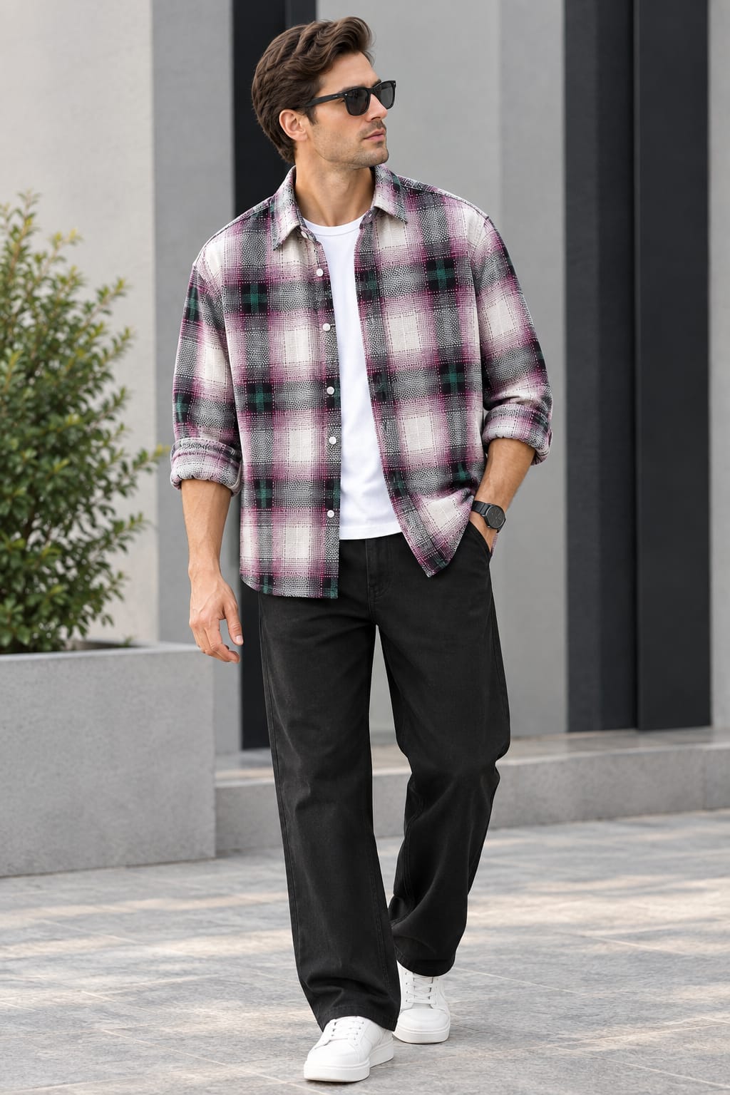 Men's Modern Streetwear Layering Ensemble - Textured Plaid Long Sleeve Shirt & Black Tailored Pants Combo