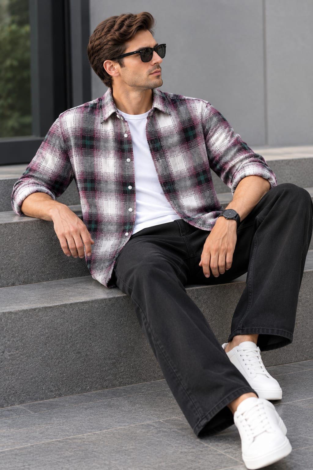 Men's Modern Streetwear Layering Ensemble - Textured Plaid Long Sleeve Shirt & Black Tailored Pants Combo