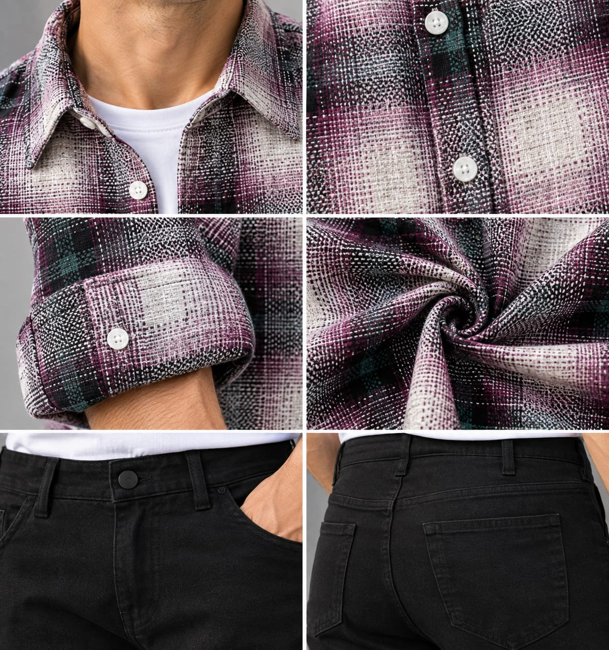 Men's Modern Streetwear Layering Ensemble - Textured Plaid Long Sleeve Shirt & Black Tailored Pants Combo