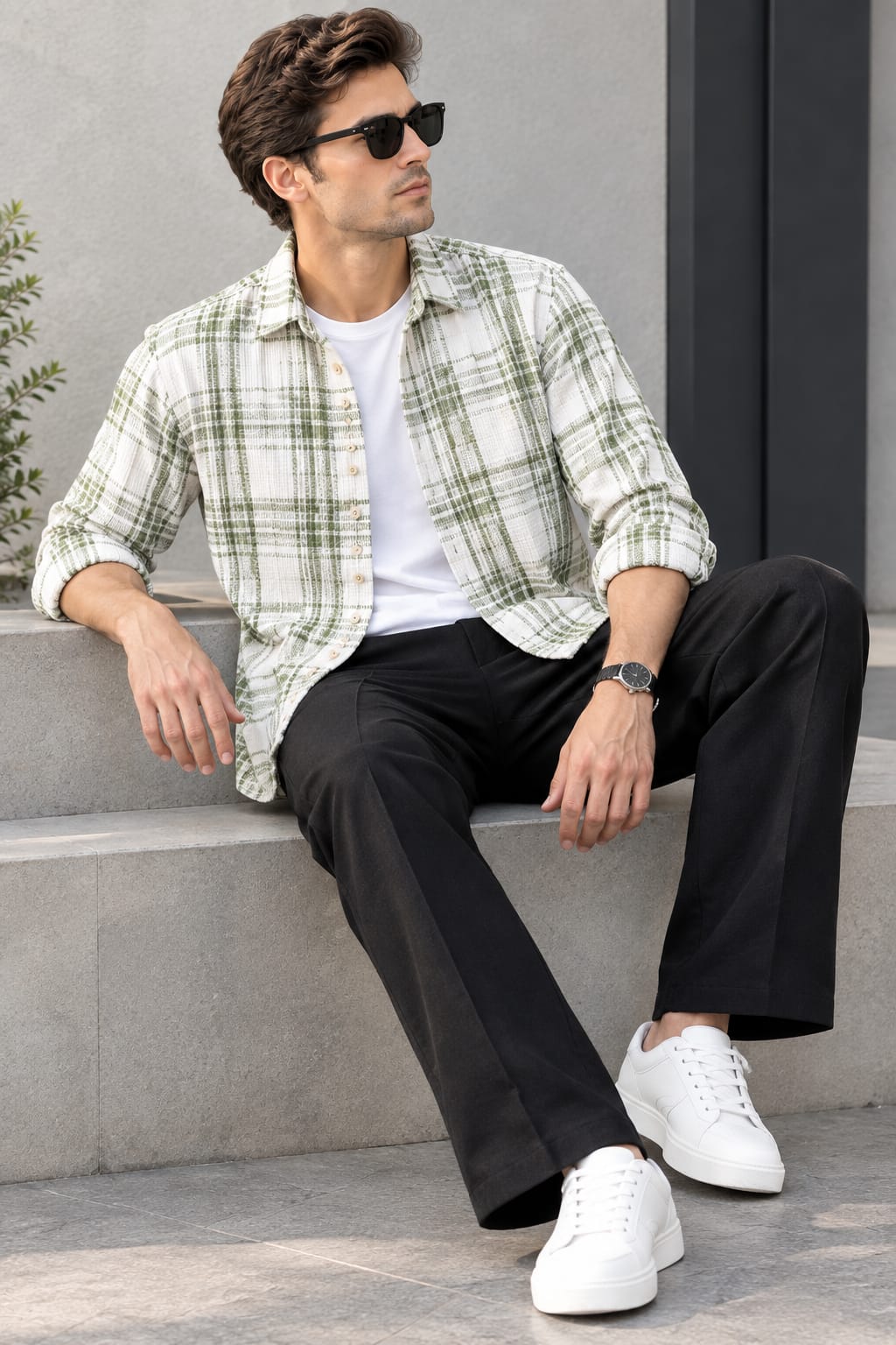 Men's Urban Casual Outfit Combo - Sage Green Plaid Checked Overshirt with White Inner T-Shirt & Black Pleated Trousers 3-Piece Set