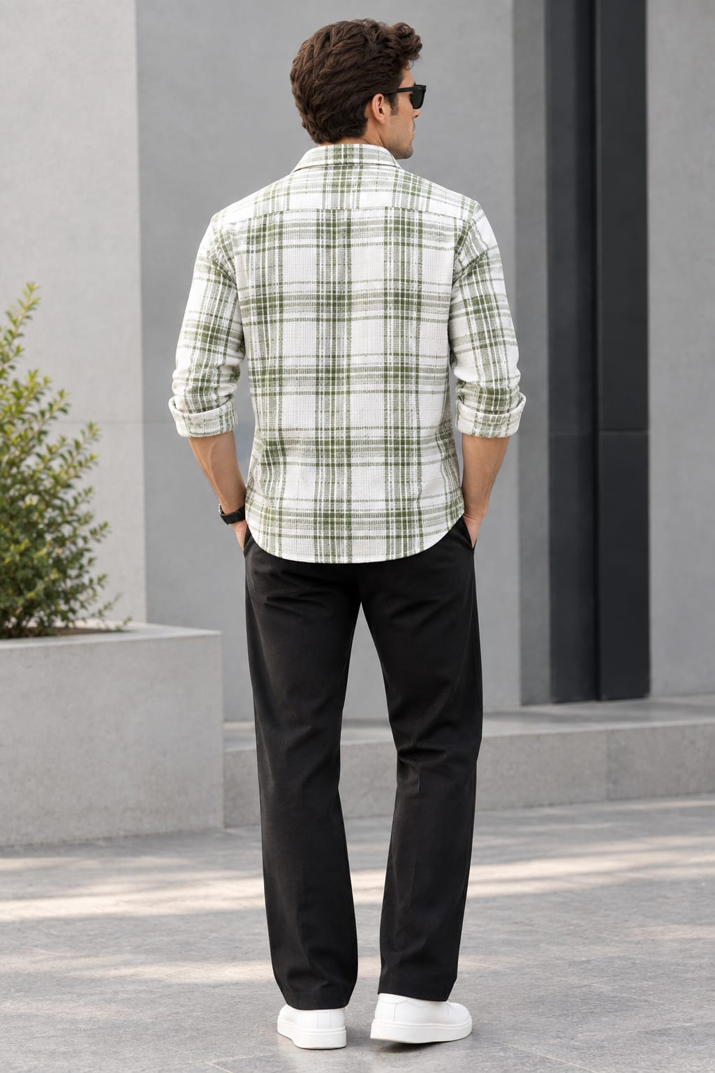 Men's Urban Casual Outfit Combo - Sage Green Plaid Checked Overshirt with White Inner T-Shirt & Black Pleated Trousers 3-Piece Set