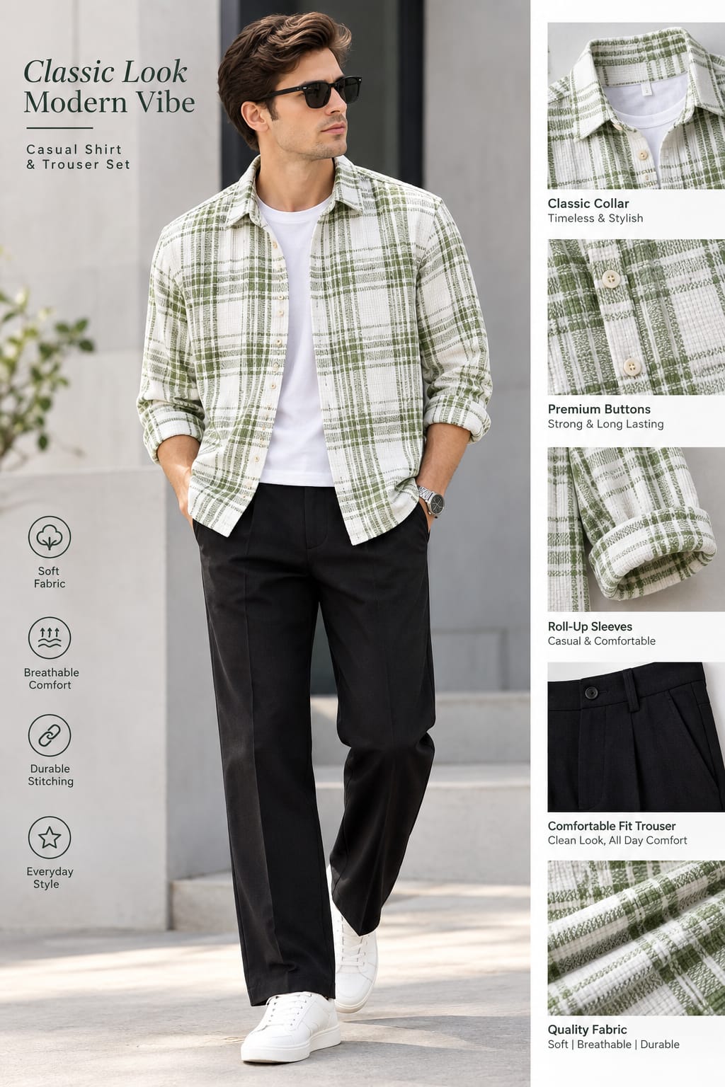 Men's Urban Casual Outfit Combo - Sage Green Plaid Checked Overshirt with White Inner T-Shirt & Black Pleated Trousers 3-Piece Set