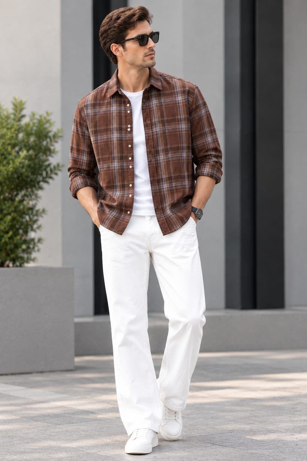 Men's Modern Earthy Streetwear Ensemble - Brown Plaid Flannel Long Sleeve Shirt & White Tailored Pants Combo
