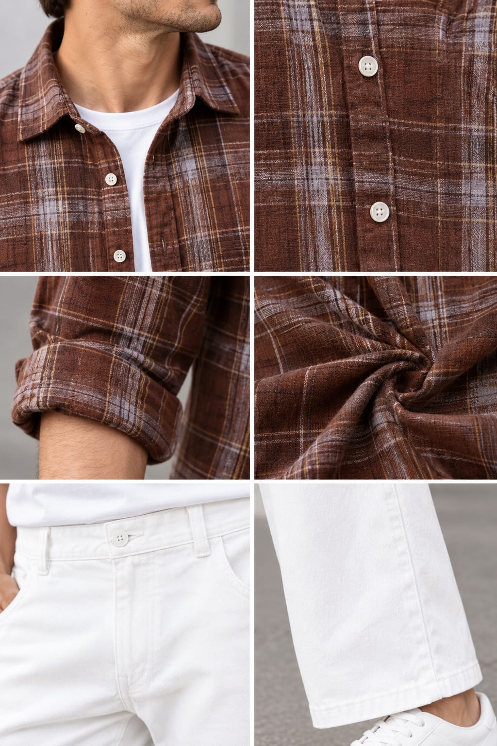 Men's Modern Earthy Streetwear Ensemble - Brown Plaid Flannel Long Sleeve Shirt & White Tailored Pants Combo