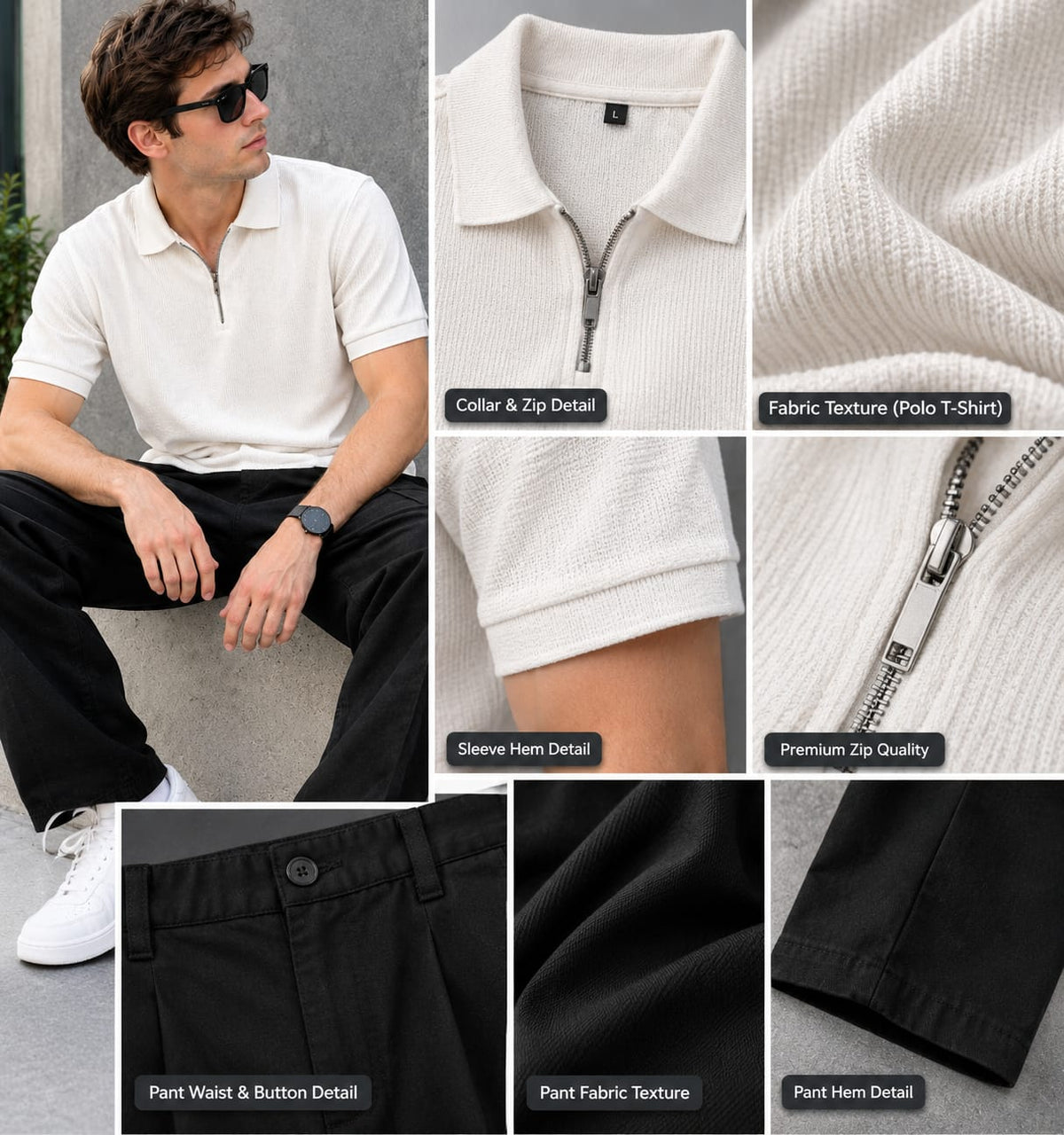 Men’s Premium Textured Polo T-Shirt | Half Sleeve Collar T-Shirt | Solid Cream & Black Colour | Stylish Casual Wear