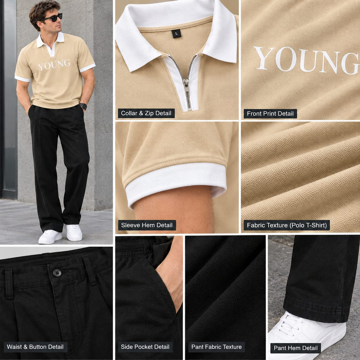 Men’s Polo T-Shirt Combo | Beige & Cream Colour | Stylish Printed Collar T-Shirt Set | Half Sleeve Casual Wear