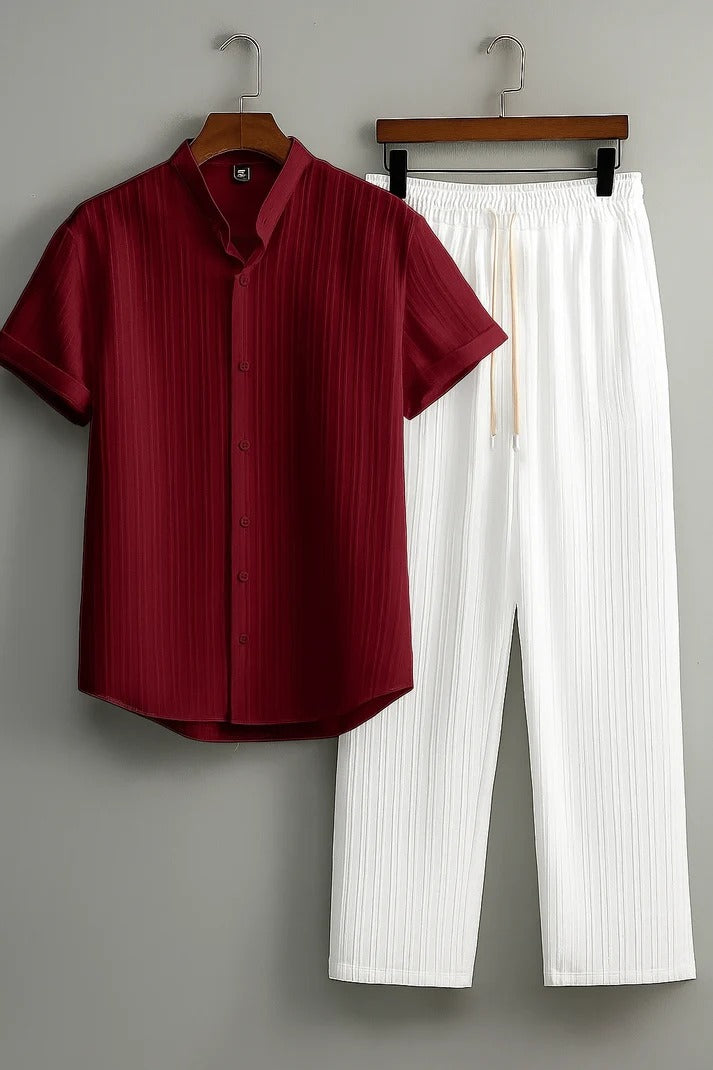 Men’s Shirt & Pant Combo | Maroon Red Textured Shirt & White Pant | Stylish Casual Outfit | Summer Wear