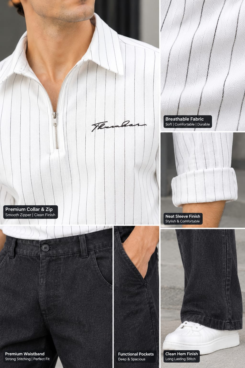 Men’s Stylish Casual Shirt | White & Black Stripe Pattern | Full Sleeve Zip Collar Shirt | Trendy Daily Wear